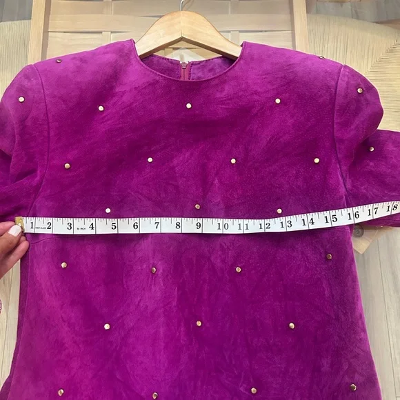 Vintage Daniel Leather Long Sleeve Fuchsia Suede Shift Dress with Stud Detail - Picture 10 of 13